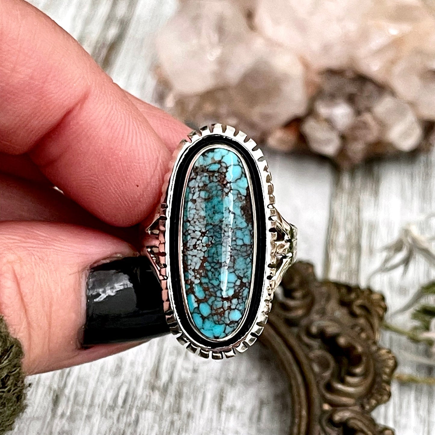 Size 8 Tibetan Turquoise Statement Ring Set in Sterling Silver  / Curated by FOXLARK Collection