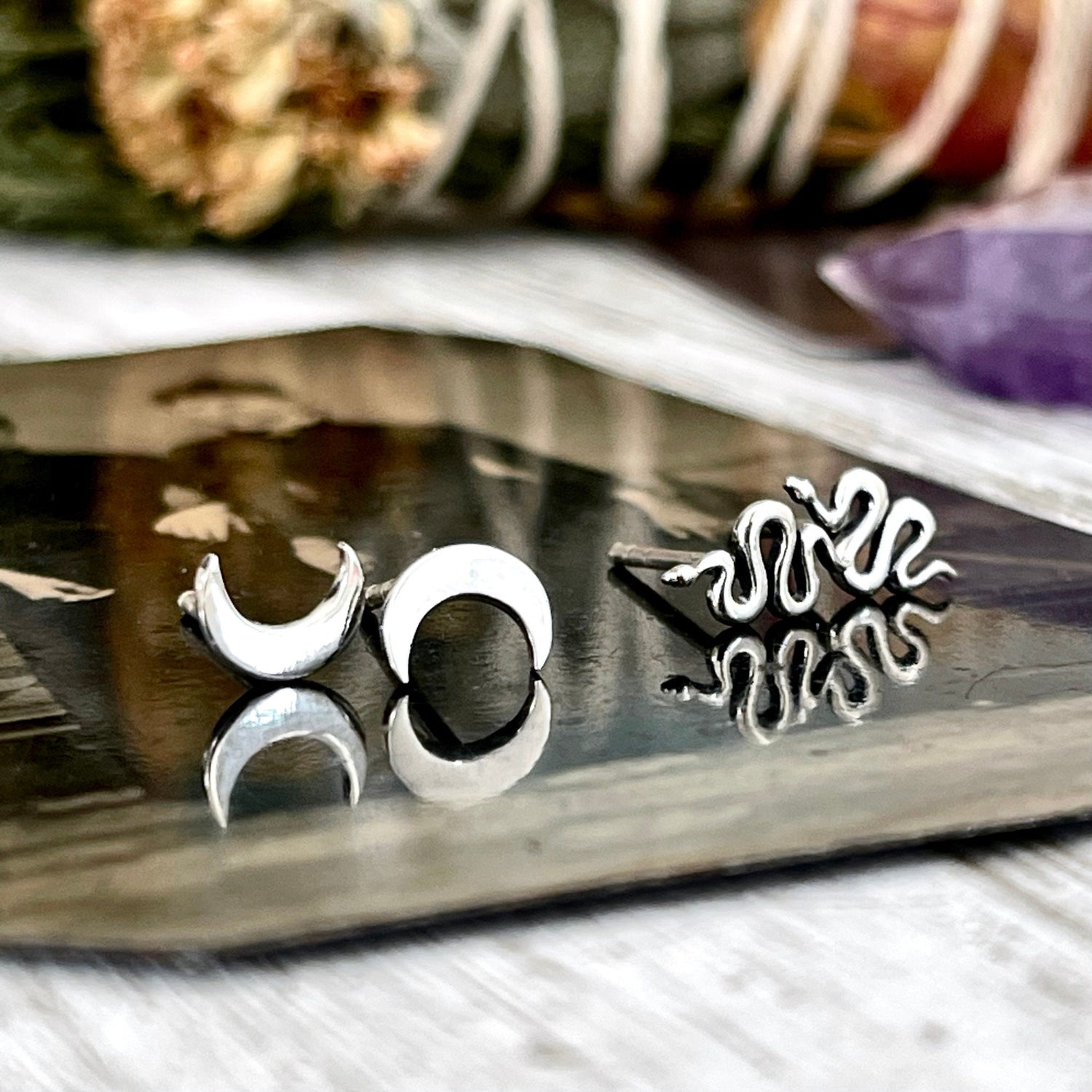 Tiny Crescent Moon and Snake Stud Earring Set / / Sterling Silver Stud Earrings / Witchy Jewelry Gothic Earrings Alternative Magic Punk Rock