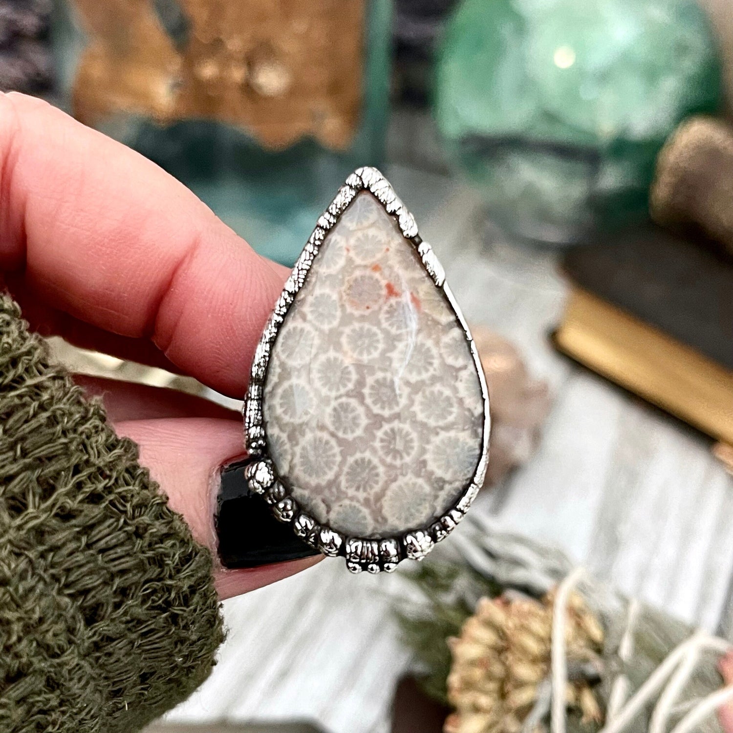 Size 10.5 Fossilized Coral Silver Statement Ring in Fine Silver / Foxlark Collection - One of a Kind