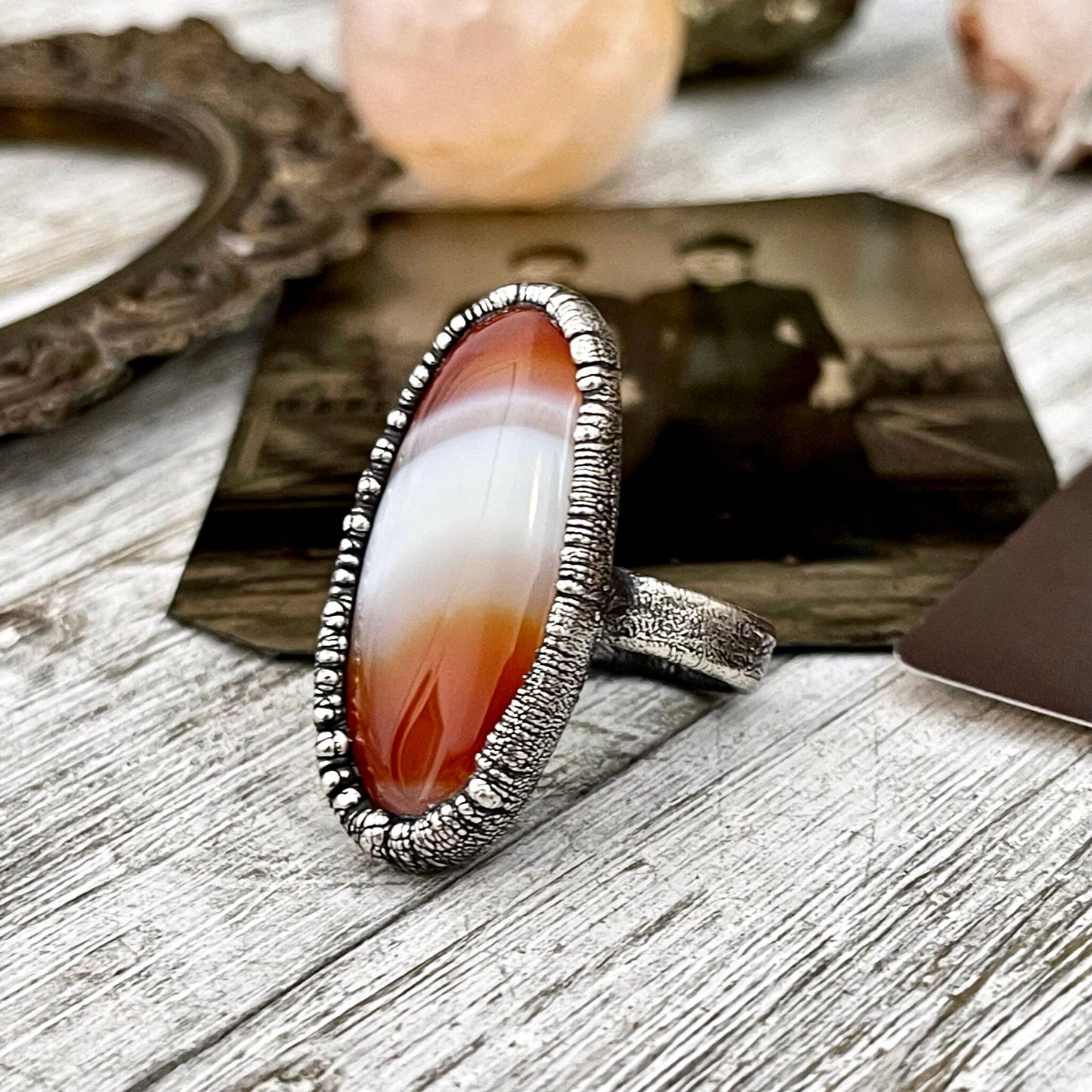 Size 7 Red Banded Agate Crystal Statement Ring in Fine Silver / Large Crystal Ring Big Statement Ring