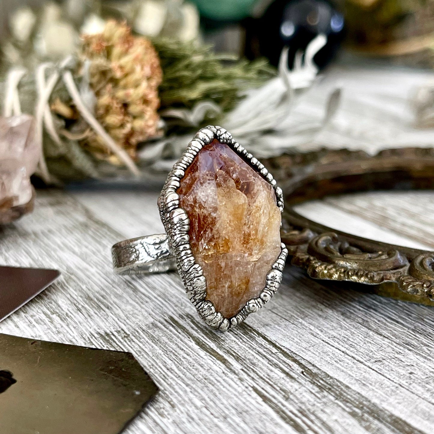 Size 8.5 Raw Citrine Crystal Point Ring Set in Fine Silver / Foxlark Collection - One of a Kind / Big Crystal Ring Witchy Jewelry