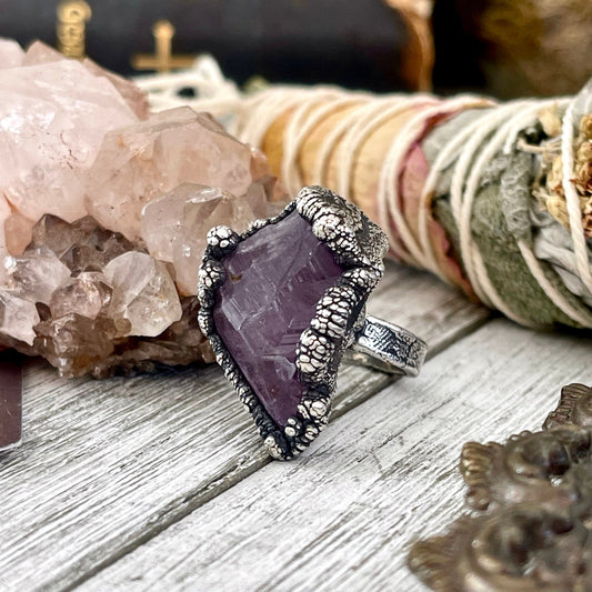 Size 8.5 Raw Amethyst Purple Crystal Ring in Fine Silver / Foxlark Collection - One of a Kind / Big Crystal Ring Witchy Jewelry