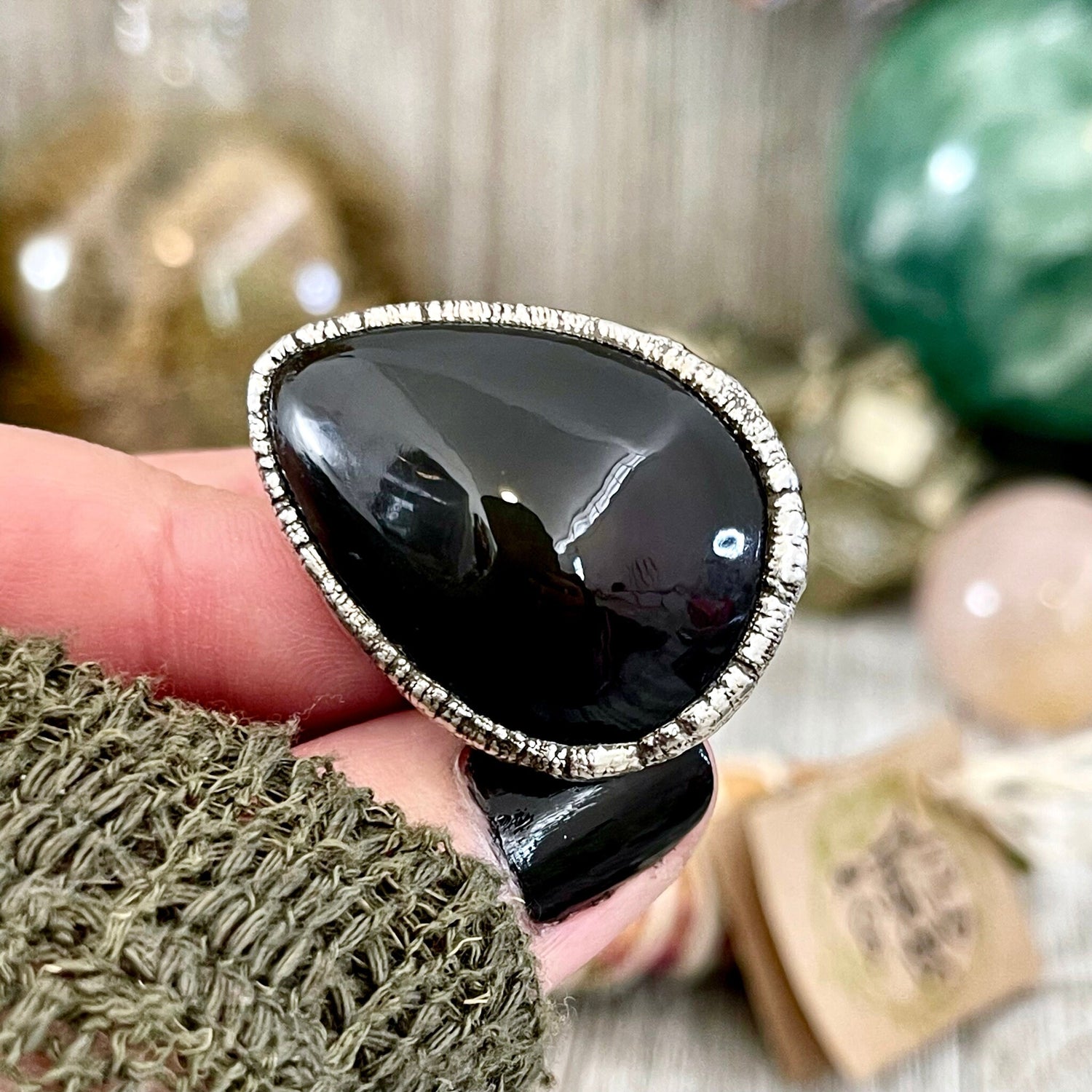 Size 6.5 Natural Black Obsidian Crystal Ring in Fine Silver / Foxlark Collection - One of a Kind // Big Stone Jewelry / Witchy Goth Punk