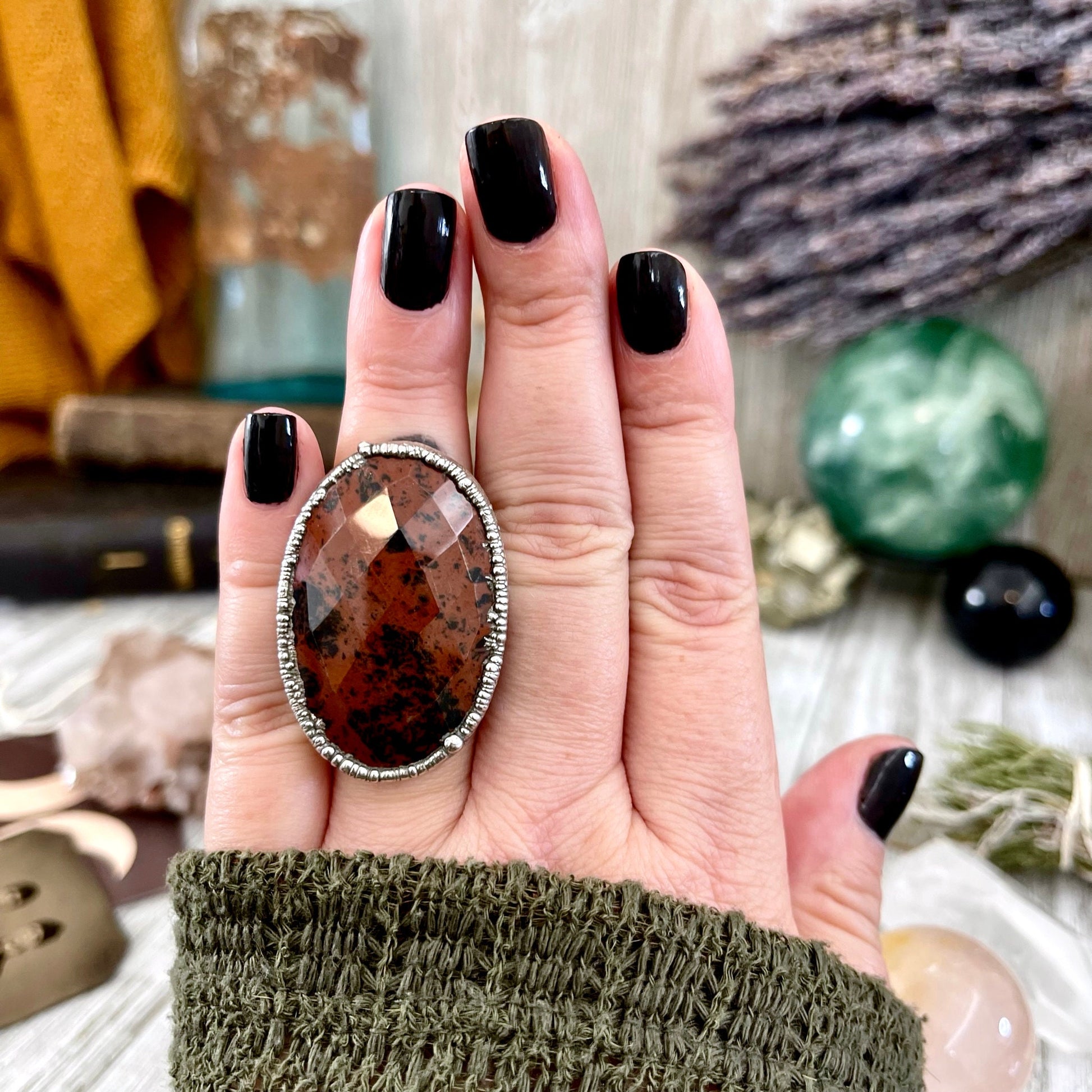 Big Silver Ring, Big Stone Ring, boho jewelry, crystal healing, Electroformed Ring, Etsy ID: 1560765953, FOXLARK- RINGS, gypsy ring, Hippie Ring, Jewelry, Large Crystal Ring, Mahogany Obsidian, Obsidian ring, raw crystal ring, raw quartz crystal, Rings, S
