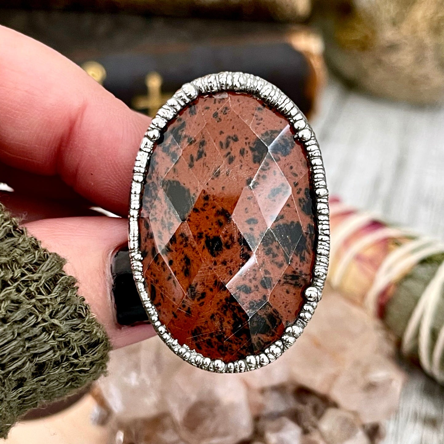 Big Silver Ring, Big Stone Ring, boho jewelry, crystal healing, Electroformed Ring, Etsy ID: 1546589504, FOXLARK- RINGS, gypsy ring, Hippie Ring, Jewelry, Large Crystal Ring, Mahogany Obsidian, Obsidian ring, raw crystal ring, raw quartz crystal, Rings, S