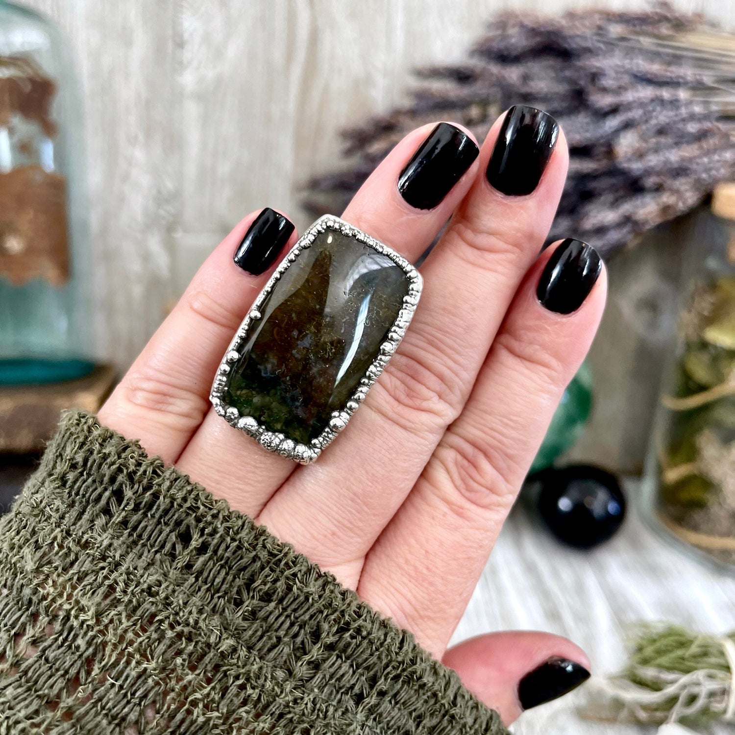 Big Size 6 Silver Natural Fancy Moss Agate Crystal Statement Ring / Foxlark Collection - One of a Kind / Big Crystal Ring Witchy Jewelry