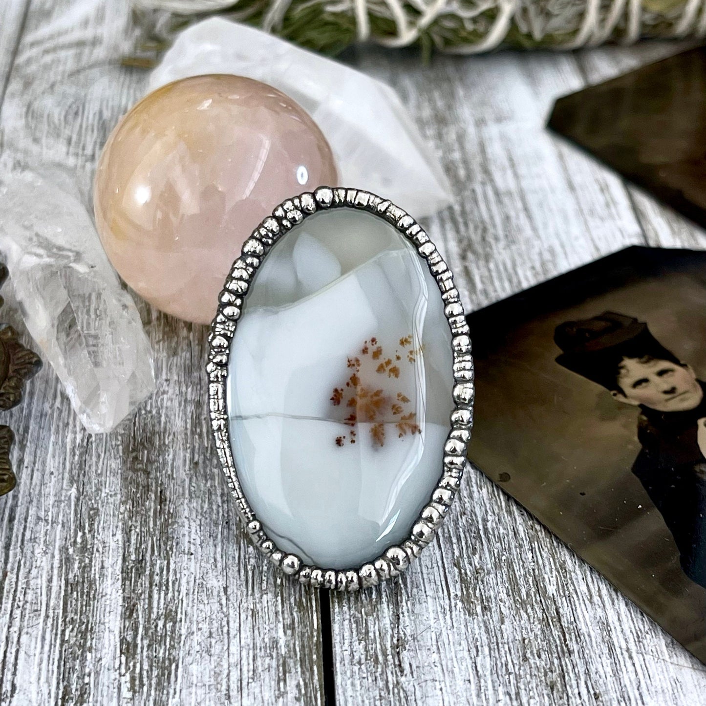 Size 10.5 Dendritic Agate Large Crystal Ring in Fine Silver for Woman / Foxlark Collection -One of a Kind / Big Crystal Ring Witchy Jewelry