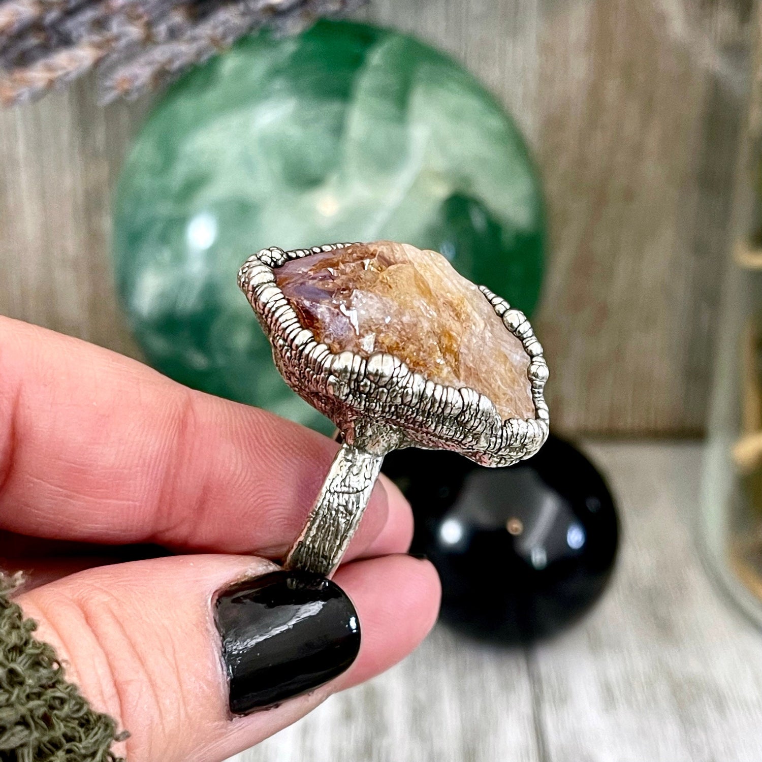 Size 8.5 Raw Citrine Crystal Point Ring Set in Fine Silver / Foxlark Collection - One of a Kind / Big Crystal Ring Witchy Jewelry
