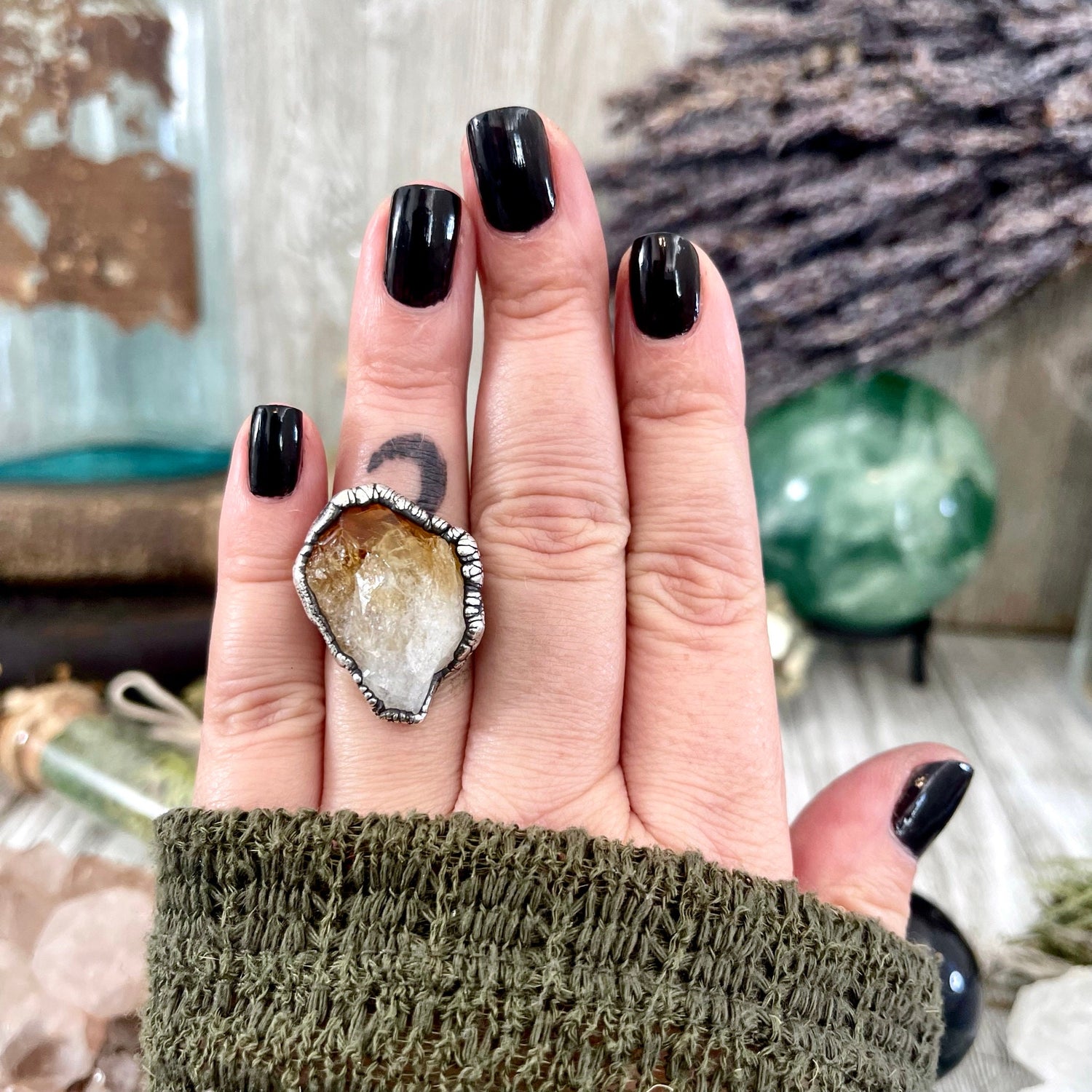 Size 7 Raw Citrine Crystal Point Ring Set in Fine Silver / Foxlark Collection - One of a Kind / Big Crystal Ring Witchy Jewelry