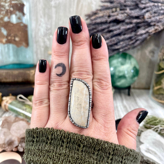 Size 10 Fossilized Coral Silver Statement Ring in Fine Silver / Foxlark Collection - One of a Kind / Big Crystal Ring Witchy Jewelry