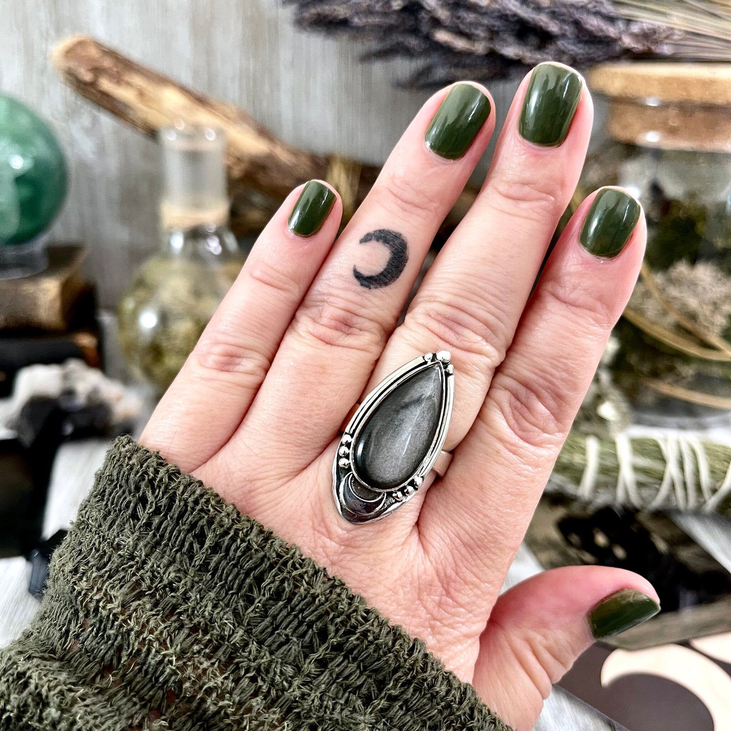 Midnight Moon Silver Sheen Obsidian Teardrop Crystal Ring in Sterling Silver- Designed by FOXLARK Collection Adjustable to Size 6 7 8 9