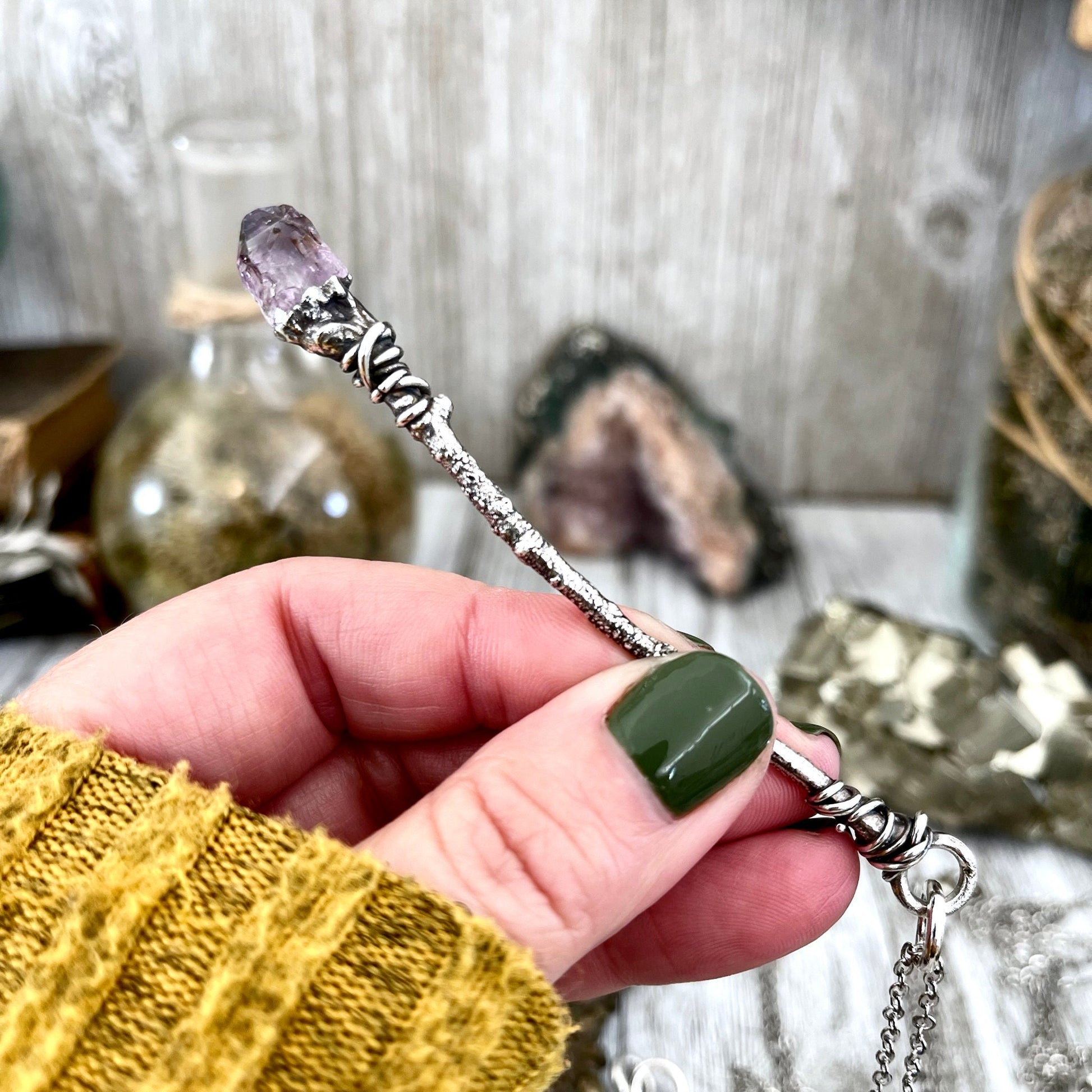 Clear Quartz Jewelry, Crystal Necklaces, Crystal Wand, Crystal Wizard Wand, electroformed, Etsy ID: 1587040348, FOXLARK- NECKLACES, Gothic Jewelry, Halloween Jewelry, Jewelry, Necklaces, Raw Amethyst, Raw Crystal Jewelry, Raw Crystal Necklace, Raw Quartz