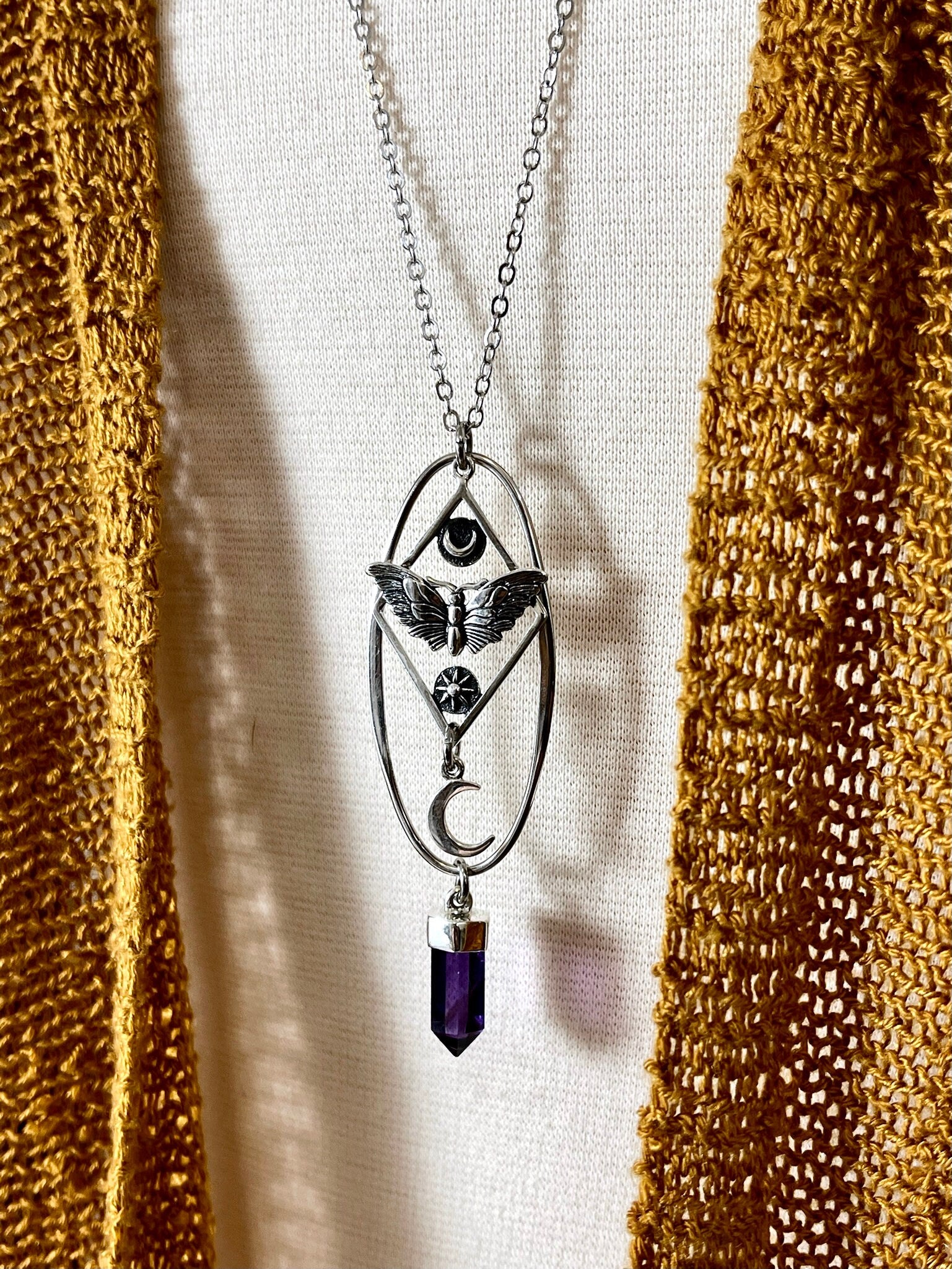 Amethyst Necklace, Bohemian Jewelry, Butterfly Necklace, Etsy ID: 1618683175, Gothic Jewelry, Jewelry, Layered Charm, Moth jewelry, Moth Necklace, Necklaces, Pendants, Sun and Moon, Talisman Necklace, TINY TALISMANS, Totem Amulet Jewelry, Witch Jewelry, W