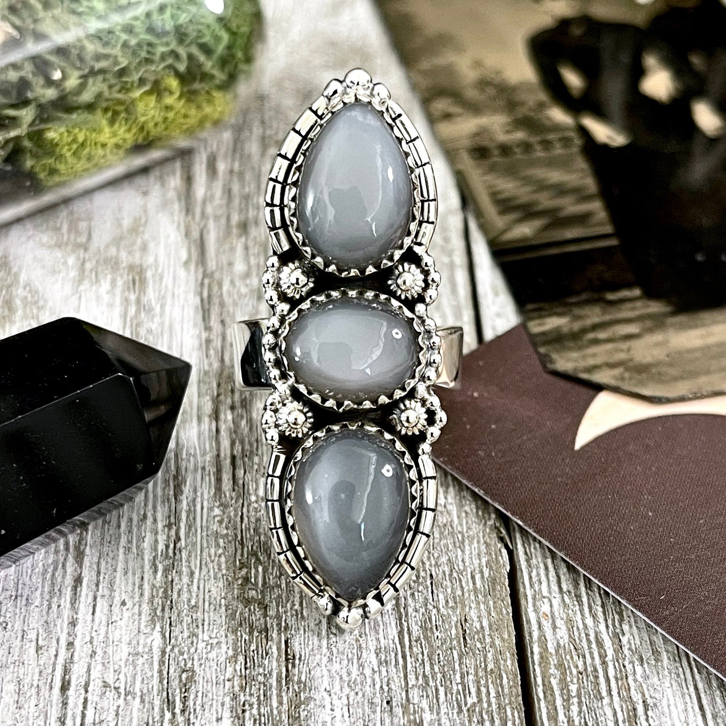 3 Stone Ring, Big Stone Ring, Bohemian Ring, Boho Jewelry, Boho Ring, Crystal Ring, Etsy Id 1064530524, Foxlark Alchemy, Foxlark- Rings, Gift For Woman, Grey Moonstone, Gypsy Ring, Jewelry, Rings, Statement Rings, Wholesale