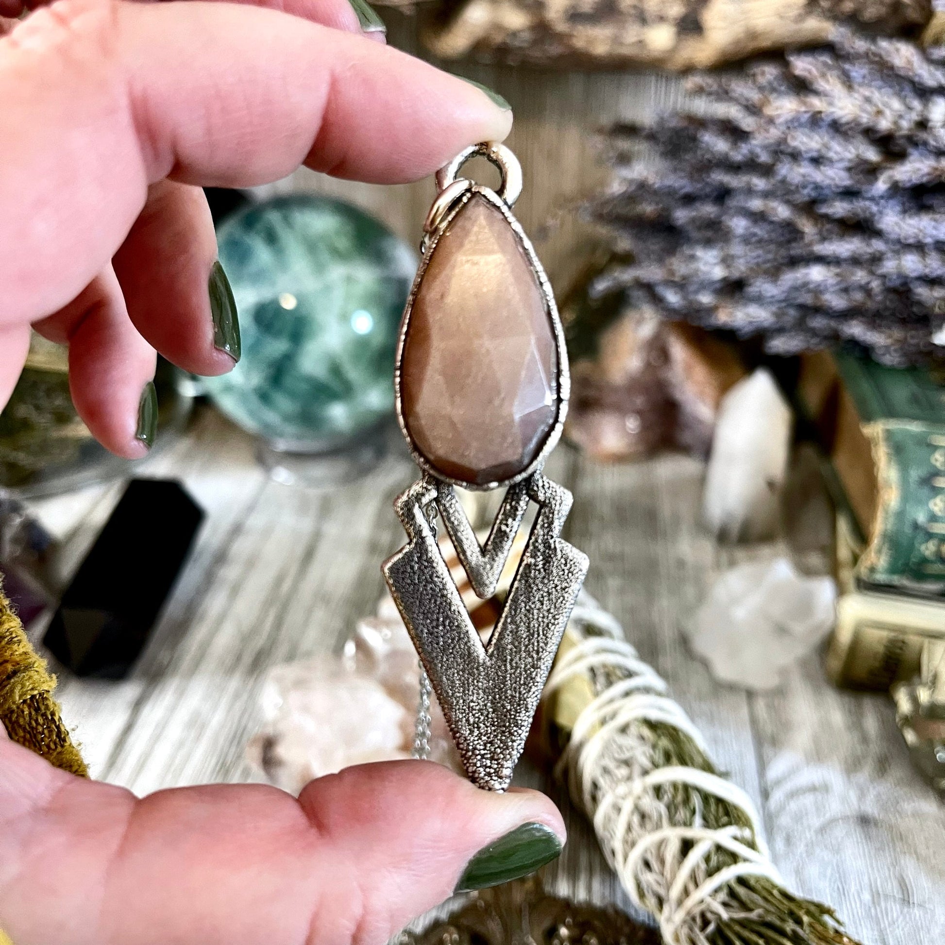 Big Crystal Necklace, Big Stone Necklace, Bohemian Jewelry, Crystal Necklaces, Etsy ID: 1620635164, Foxlark Alchemy, FOXLARK- NECKLACES, Jewelry, Large Crystal, Large Raw Crystal, layering necklace, Necklaces, peach moonstone, Raw crystal jewelry, raw cry