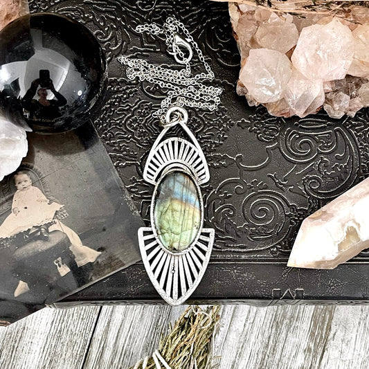 Crystal Necklace - Moss & Moon Collection - Labradorite set in Fine Silver / One of a Kind - by Foxlark / Witchy Necklace Goth Jewelry