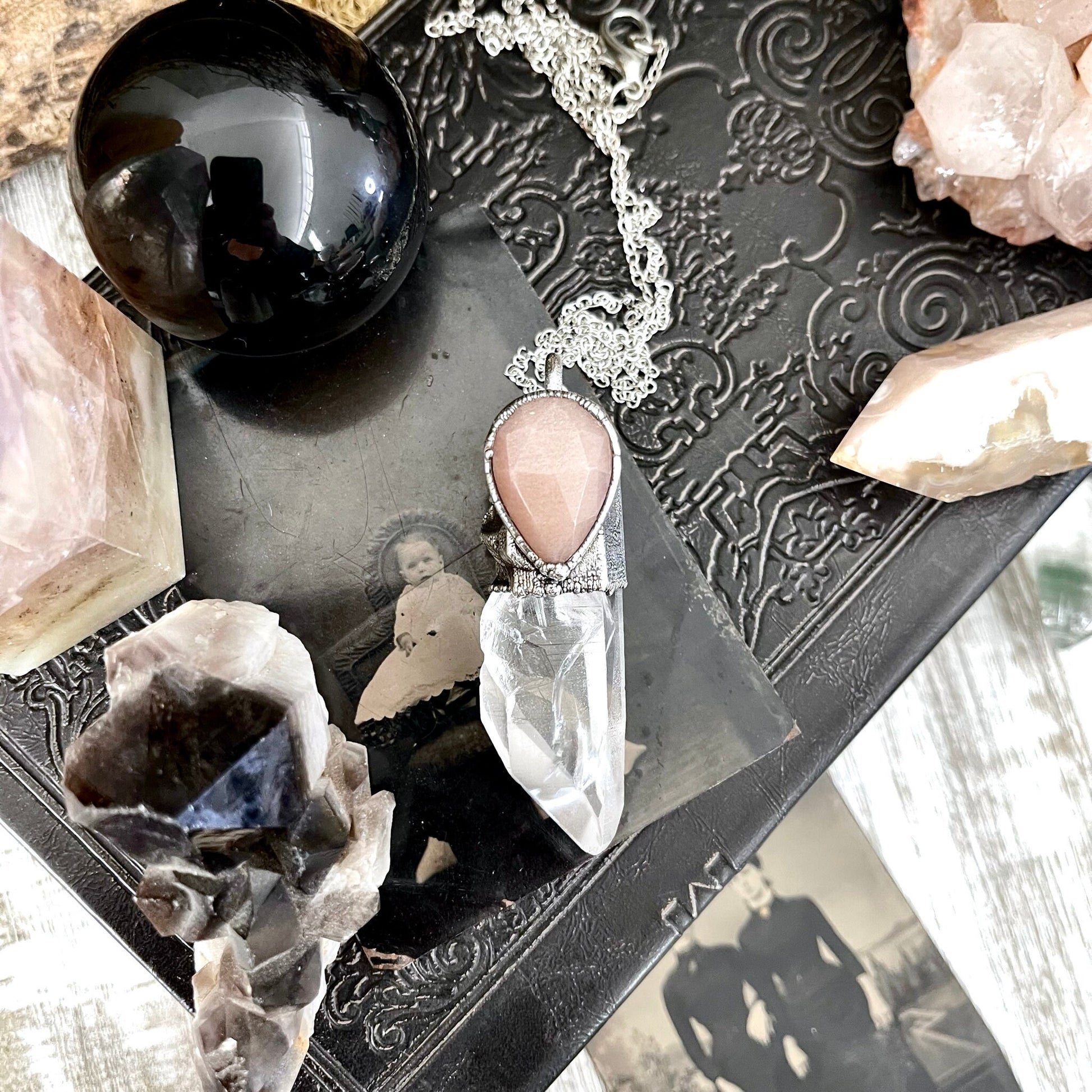 Raw Clear Quartz & Peach Moonstone Crystal Necklace in Fine Silver / Foxlark Collection - One of a Kind / Pink Stone Jewelry