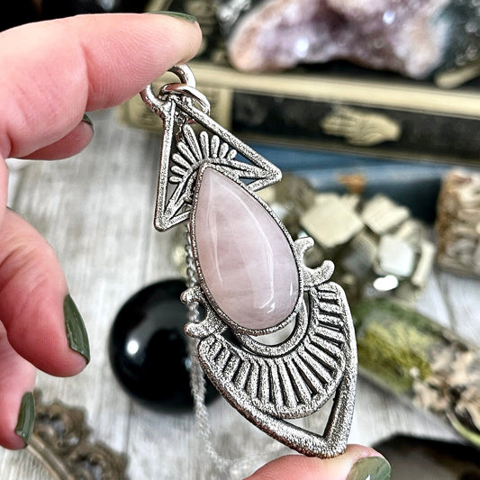 Moss & Moon Collection - Big Rose Quartz Crystal Statement Necklace set in Fine Silver / One of a Kind - by Foxlark Electroformed