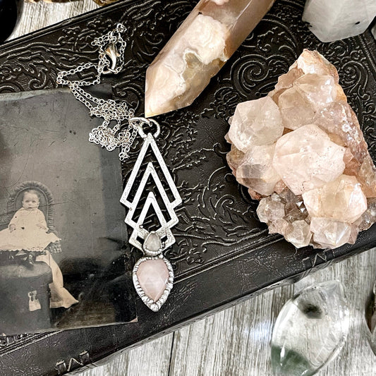 Moss & Moon Collection - Rose and Clear Quartz Statement Necklace set in Fine Silver / / Punk Alternative Witchy Pendent Gemstone Jewelry