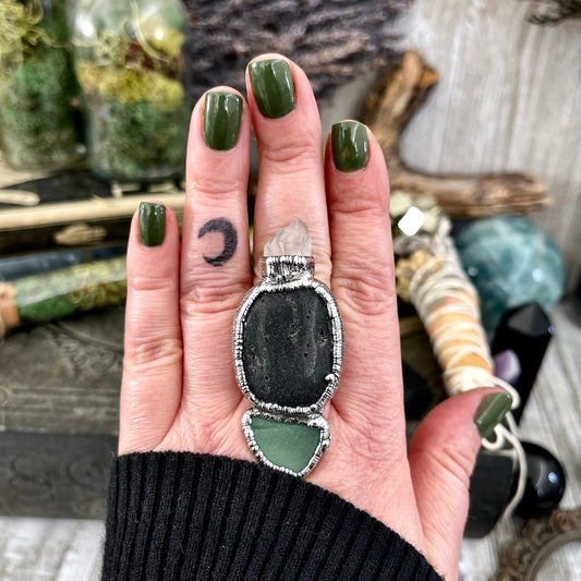 Size 8 Three Stone Ring- Clear Quartz Sea Glass River Rock Crystal Ring Fine Silver / Foxlark Collection - One of a Kind / Statement Jewelry