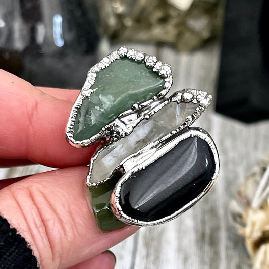 Size 8.5 Crystal Ring - Three Stone Ring Black Onyx Green Aventurine & Raw Quartz Silver Ring / Foxlark Collection - One of a Kind Jewelry