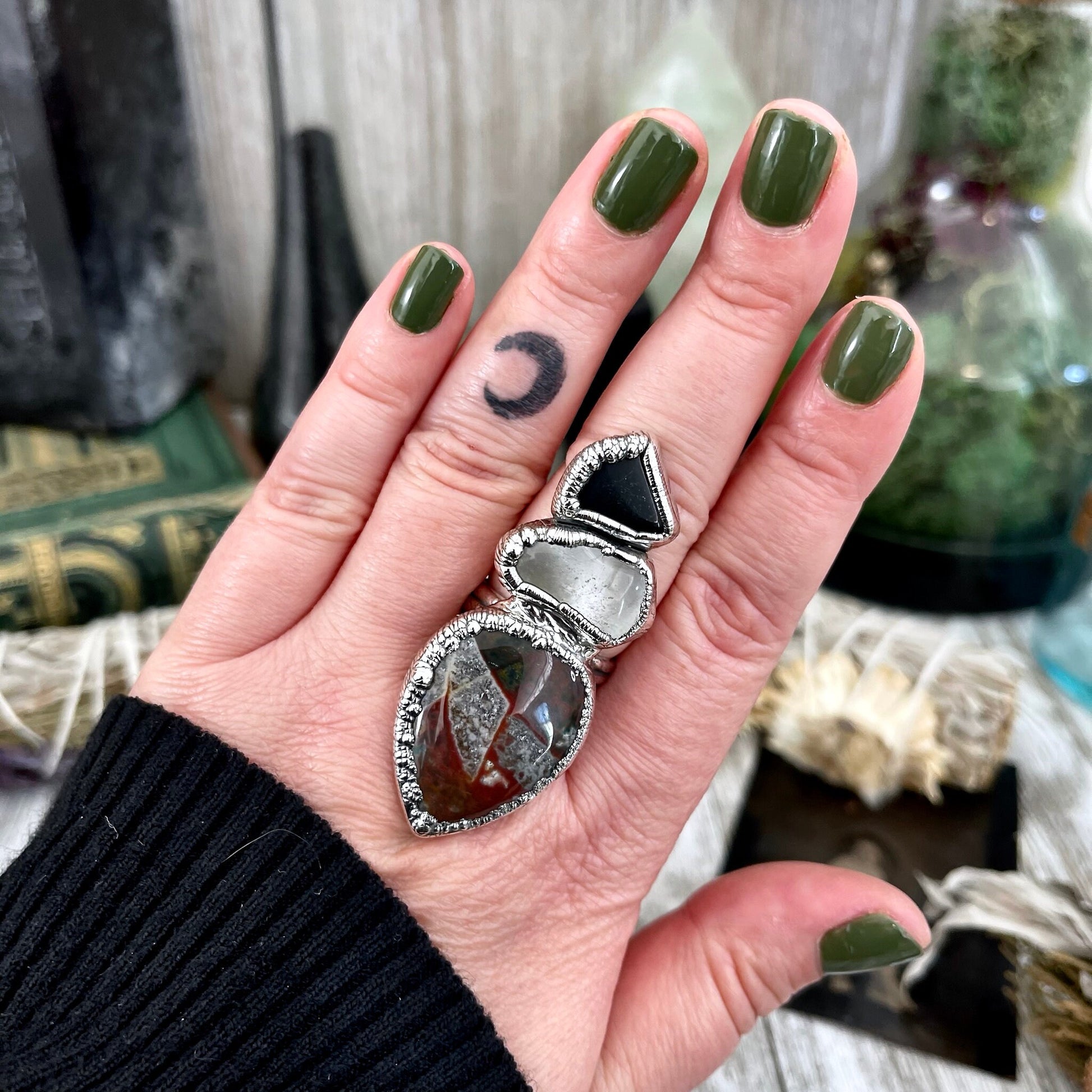 Size 8 Crystal Ring - Three Stone Ring Black Onyx Bloodstone & Clear Quartz Silver Ring / Foxlark Collection - One of a Kind Jewelry