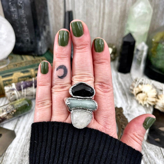 Size 8 Crystal Ring - Three Stone Ring Black Onyx Aquamarine & Quartz Silver Ring / Foxlark Collection - One of a Kind / Crystal Jewelry