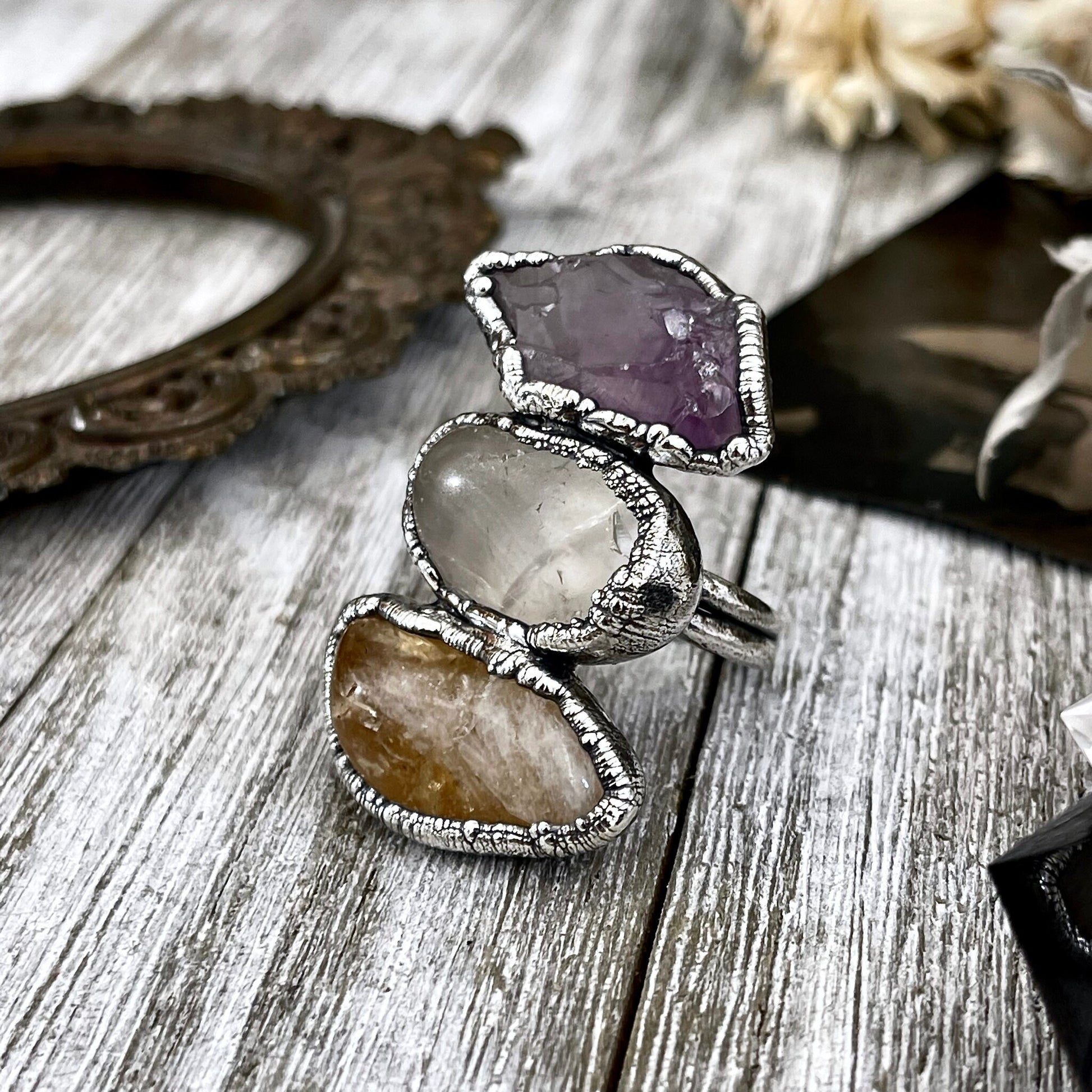 Size 6 Crystal Ring - Three Stone Ring Citrine Clear Quartz Raw Amethyst Ring Silver/ Foxlark Collection - One of a Kind / Crystal Jewelry