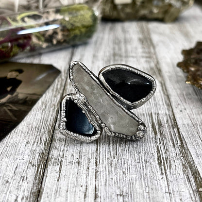 Size 8.5 Crystal Ring - Three Stone Ring Black Onyx Raw Clear Quartz Silver Ring / Foxlark Collection - One of a Kind / Big Crystal Jewelry