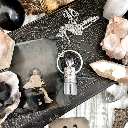 Raw Amethyst and Quartz Crystal Necklace / Silver Crystal Rollerball Necklace / Foxlark Collection - One of a Kind / Gothic Jewelry