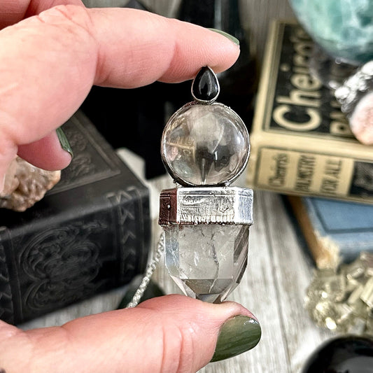 Smoky Quartz Ball, Clear Quartz Point, and Black Onyx Crystal Statement Necklace set in Fine Silver / One of a Kind - by Foxlark