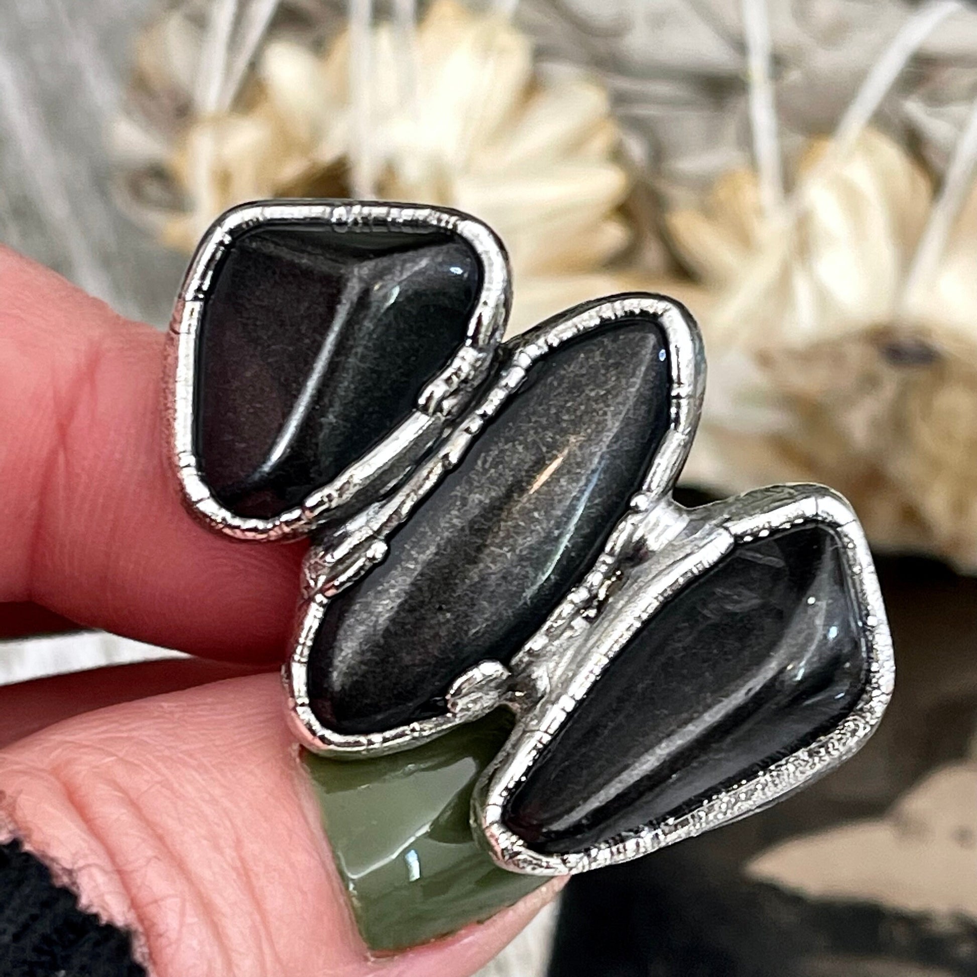 Size 8 Crystal Ring - Three Stone Ring Black Onyx Ring in Silver / Foxlark Collection - One of a Kind / Witchy Big Crystal Jewelry Goth Ring