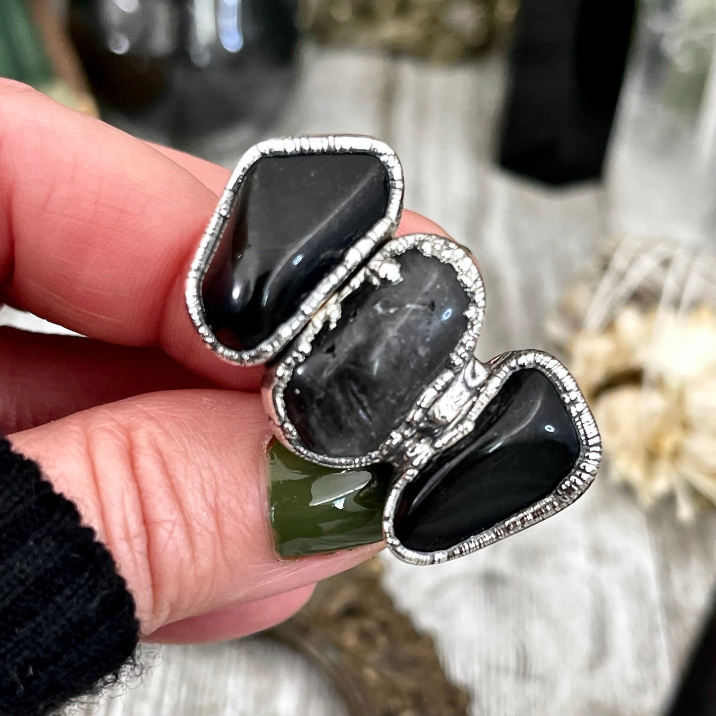 Size 7.5 Crystal Ring - Three Stone Ring Black Onyx Tourmaline Quartz Silver Ring / Foxlark Collection - One of a Kind / Big Crystal Jewelry