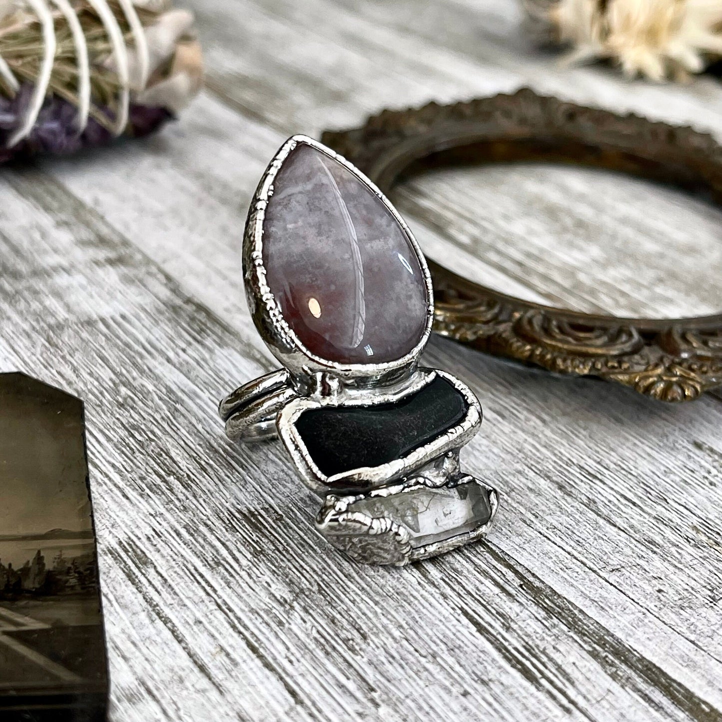 Size 8.5 Crystal Ring - Three Stone Ring Fancy Moss Agate Black Onyx & Raw Quartz Silver Ring / Foxlark Collection - One of a Kind Jewelry
