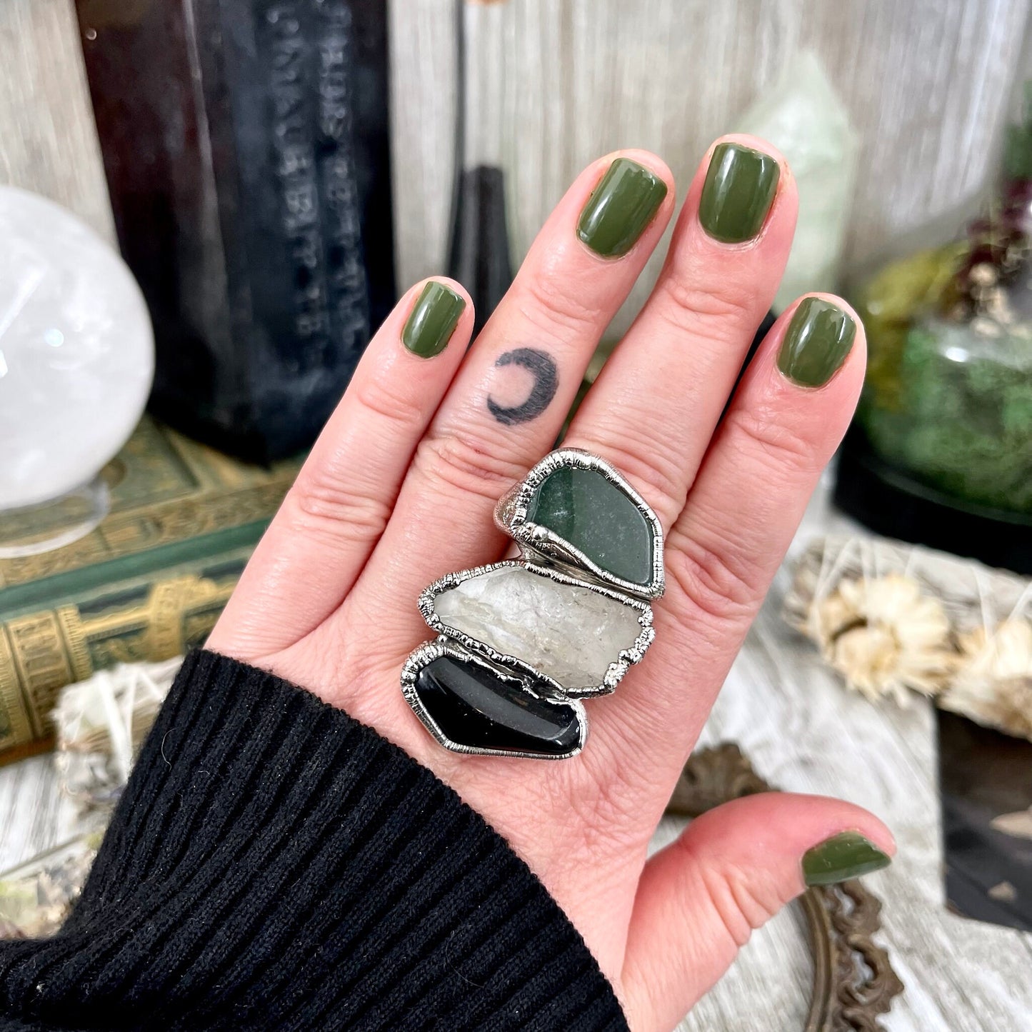 Size 9.5 Crystal Ring - Three Stone Ring Black Onyx Raw Clear Quartz & Aventurine Silver Ring / Foxlark Collection - One of a Kind Jewelry