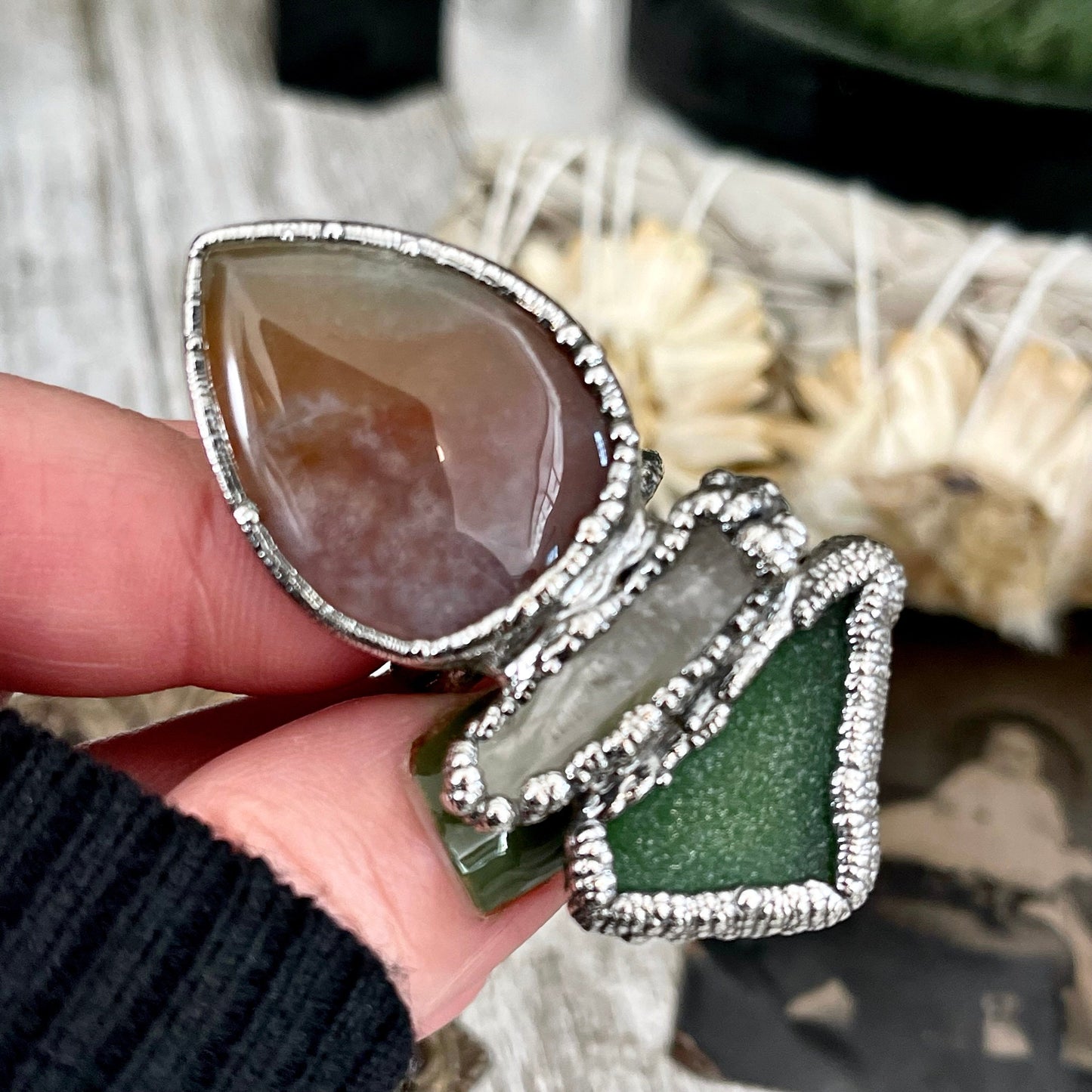 Size 8.5 Crystal Ring - Three Stone Ring Sea Glass Fancy Moss Agate Raw Quartz Ring Silver / Foxlark Collection - One of a Kind Jewelry