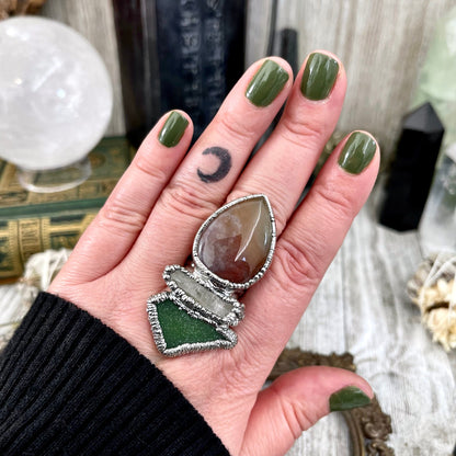Size 8.5 Crystal Ring - Three Stone Ring Sea Glass Fancy Moss Agate Raw Quartz Ring Silver / Foxlark Collection - One of a Kind Jewelry