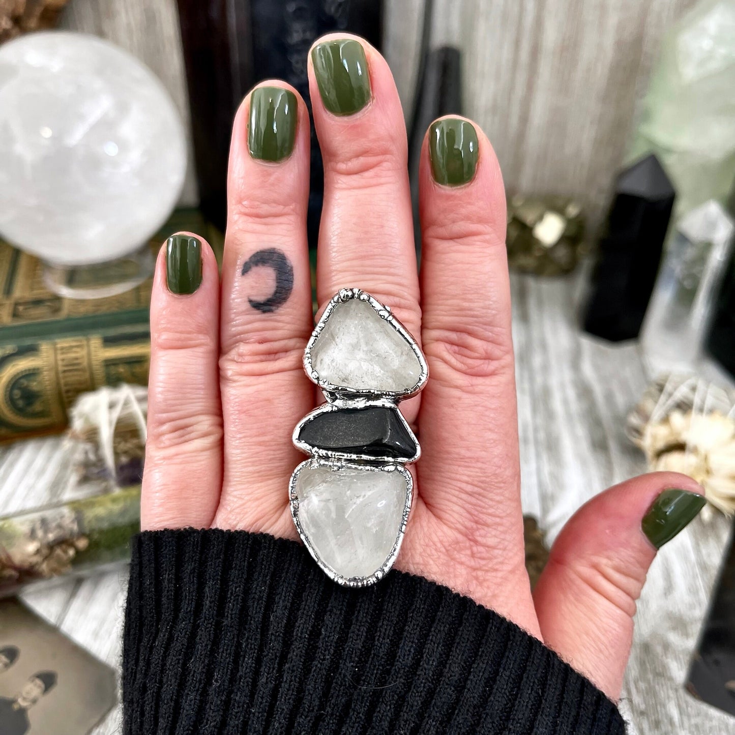 Size 8.5 Crystal Ring - Three Stone Black Onyx Clear Quartz Ring in Silver / Foxlark Collection - One of a Kind / Big Boho Crystal Jewelry