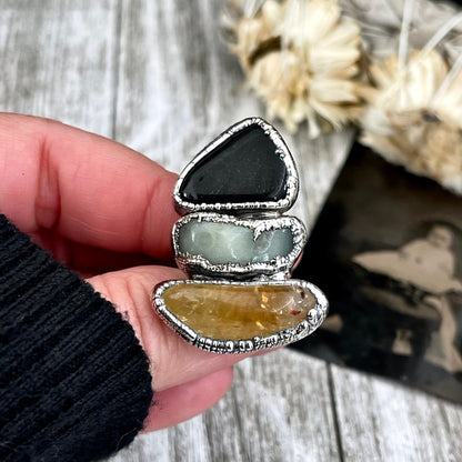 Size 6.5 Crystal Ring - Three Stone Black Onyx Aventurine Citrine Ring in Sliver / Foxlark Collection - One of a Kind / Big Crystal Jewelry