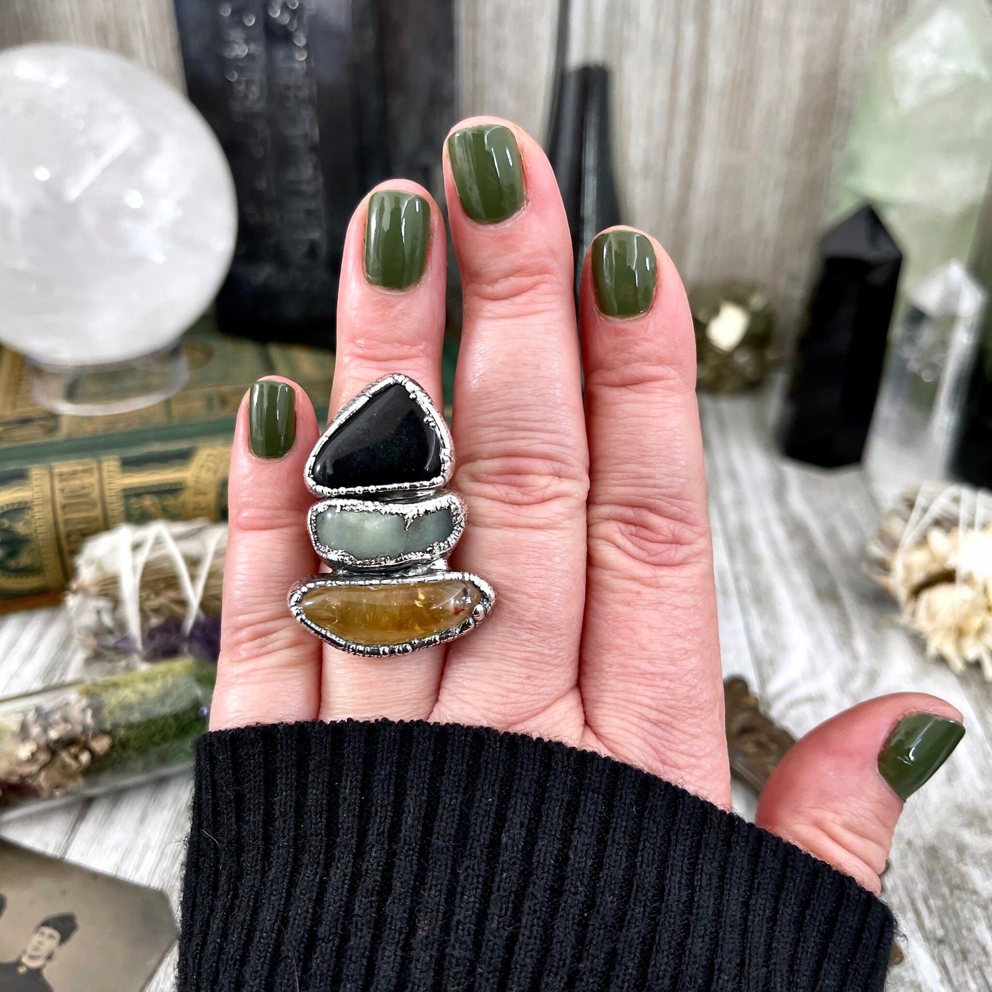 Size 6.5 Crystal Ring - Three Stone Black Onyx Aventurine Citrine Ring in Sliver / Foxlark Collection - One of a Kind / Big Crystal Jewelry