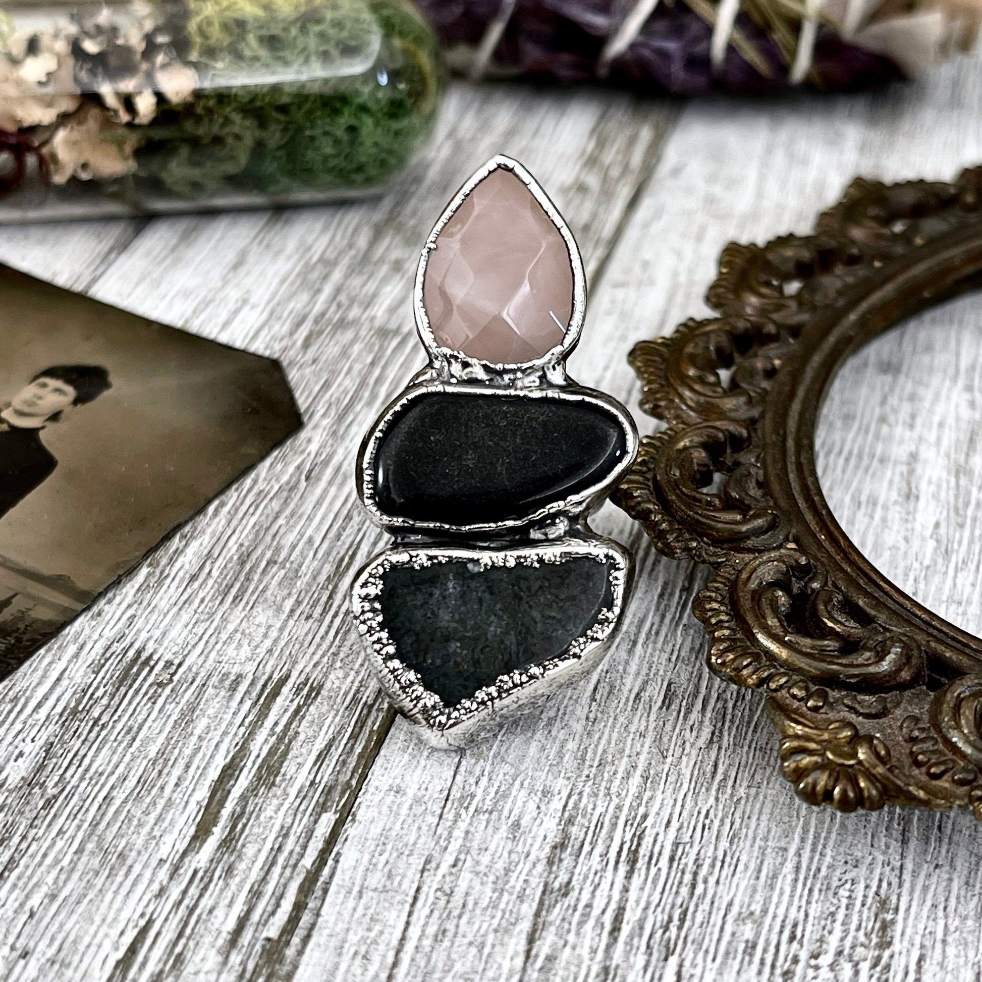 Size 6 Crystal Ring - Three Stone Ring Black Onyx Rose Quartz Moss Agate Ring Silver / Foxlark Collection - One of a Kind / Crystal Jewelry