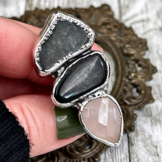 Size 6 Crystal Ring - Three Stone Ring Black Onyx Rose Quartz Moss Agate Ring Silver / Foxlark Collection - One of a Kind / Crystal Jewelry