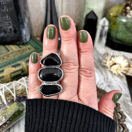 Size 7 Crystal Ring - Three Stone Black Onyx Ring in Silver / Foxlark Collection - One of a Kind / Witchy Gothic Statement Crystal Jewelry