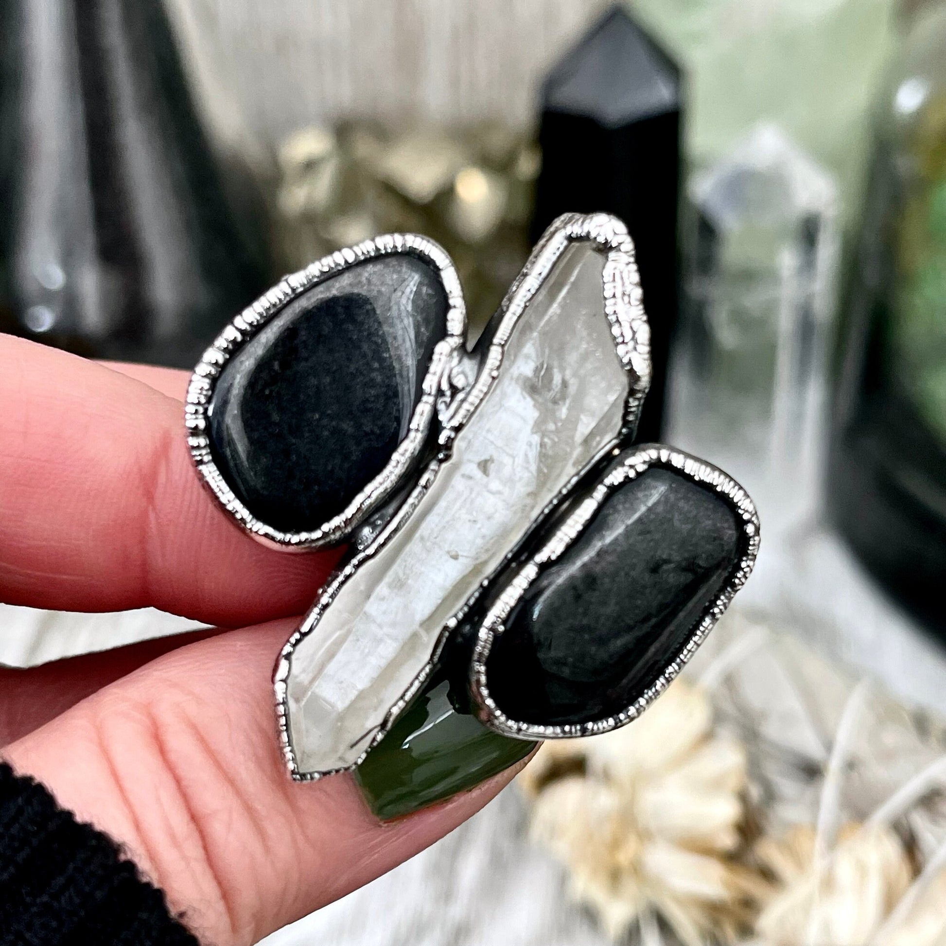 Size 9 Crystal Ring - Three Stone Ring Black Onyx Clear Raw Quartz Ring in Silver / Foxlark Collection - One of a Kind / Big Crystal Jewelry
