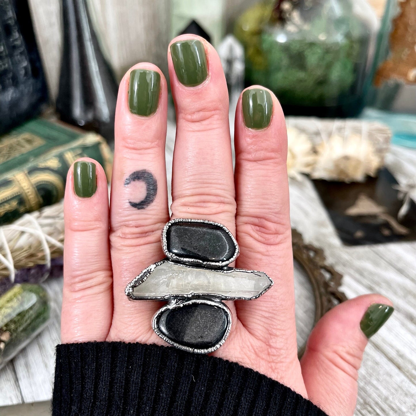 Size 9 Crystal Ring - Three Stone Ring Black Onyx Clear Raw Quartz Ring in Silver / Foxlark Collection - One of a Kind / Big Crystal Jewelry