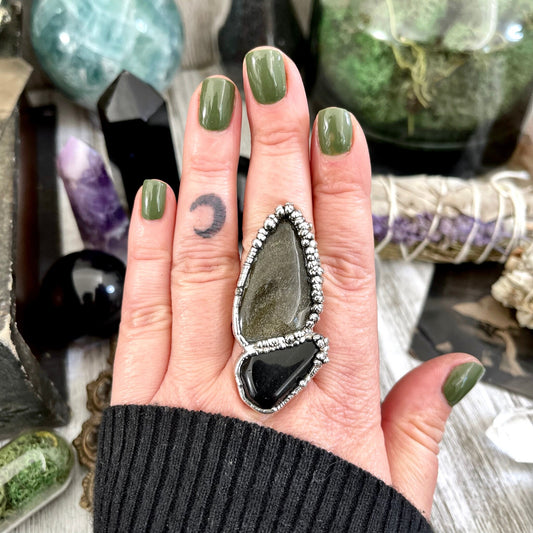 Size 9.5 Two Stone Ring- Golden Sheen Black Onyx Crystal Ring Fine Silver / Foxlark Collection - One of a Kind / Statement Jewelry