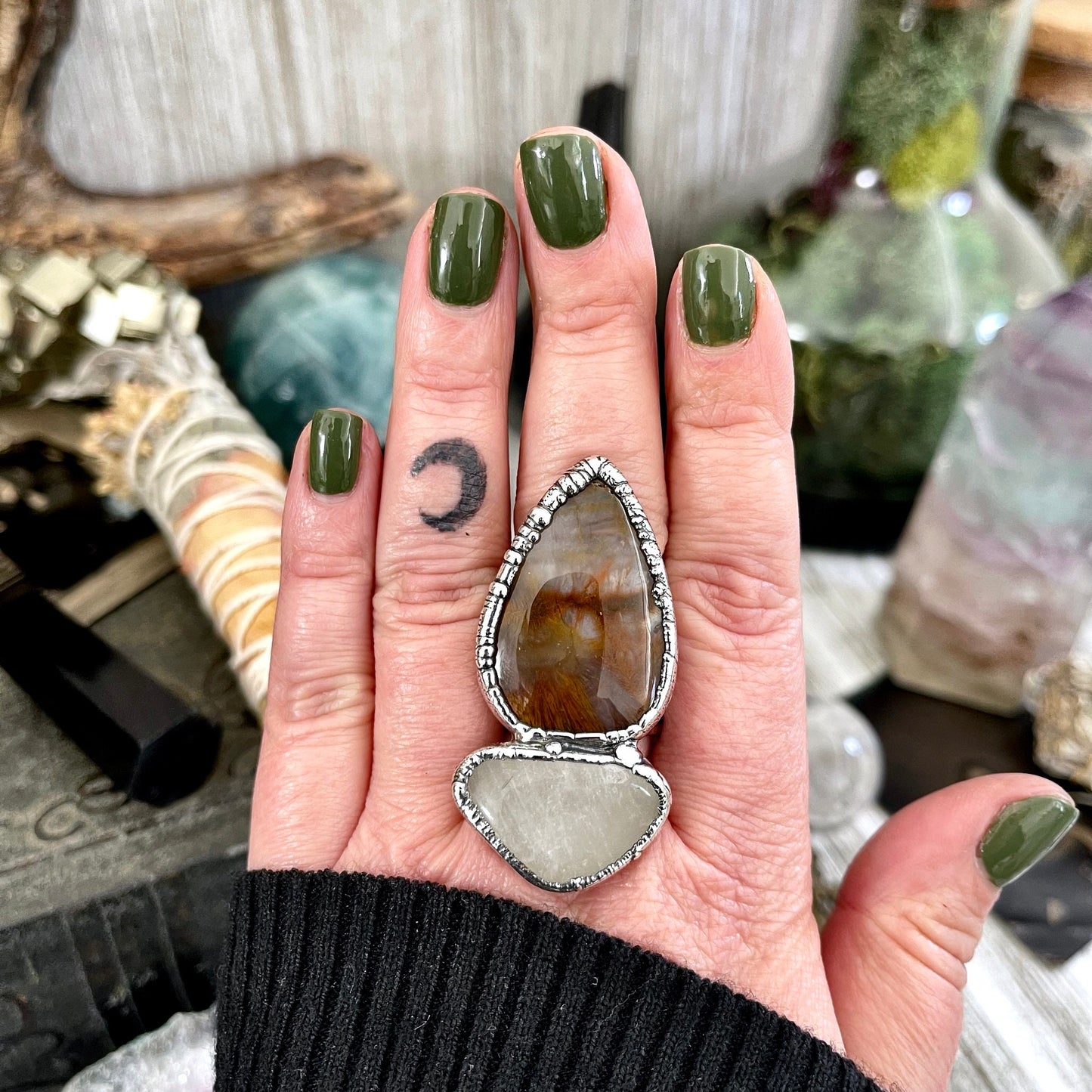 Size 10 Two Stone Ring- Fancy Moss Agate Clear Quartz Crystal Ring Fine Silver / Foxlark Collection - One of a Kind / Statement Jewelry