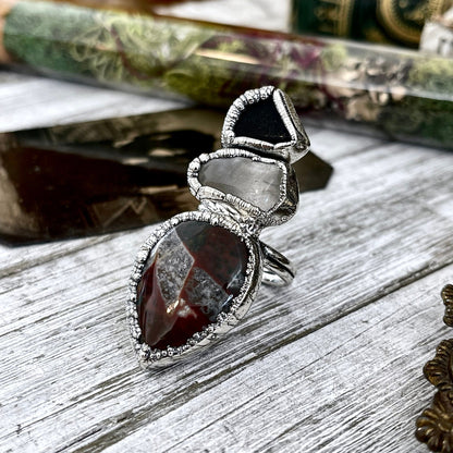Size 8 Crystal Ring - Three Stone Ring Black Onyx Bloodstone & Clear Quartz Silver Ring / Foxlark Collection - One of a Kind Jewelry