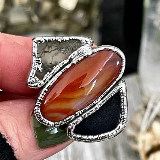 Size 8.5 Crystal Ring - Three Stone Ring Black Onyx Carnelian Moss Agate Silver Ring / Foxlark Collection - One of a Kind / Crystal Jewelry