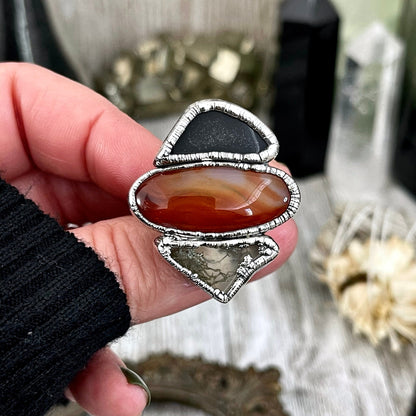 Size 8.5 Crystal Ring - Three Stone Ring Black Onyx Carnelian Moss Agate Silver Ring / Foxlark Collection - One of a Kind / Crystal Jewelry